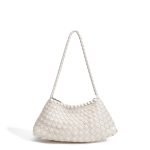 A dark brown woven vegan leather underarm bag with a thin braided strap and decorative side ties ending in leather tabs. Additional product view 3.