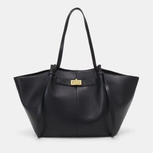 Black Minimalist Flared Tote Bag – Vegan Leather Gold Clasp Shopper