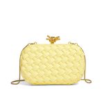 A metallic gold woven vegan leather box clutch with a knotted metal clasp and a thin gold snake-chain strap. Additional product view 4.