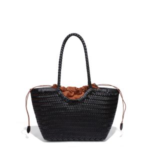 Black Woven Shopper Tote Bag – Intrecciato Vegan Leather Drawstring Handbag