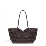 A black woven vegan leather shopper tote with braided handles and a cognac brown drawstring inner pouch. Additional product view 2.