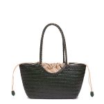 A black woven vegan leather shopper tote with braided handles and a cognac brown drawstring inner pouch. Additional product view 4.