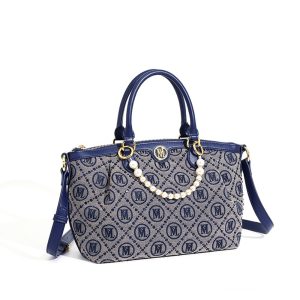 Navy Monogram Jacquard Tote Bag – Vegan Leather Trim Pearl Handle Handbag