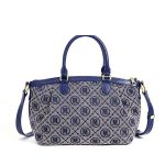 A navy and gray monogram jacquard tote with vegan leather trim, gold hardware, dual handles, and a faux pearl chain. Additional product view 3.