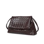 A black woven vegan leather shoulder bag with a large fold-over flap and thin tubular straps on a white background. Additional product view 4.