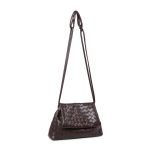 A black woven vegan leather shoulder bag with a large fold-over flap and thin tubular straps on a white background. Additional product view 5.
