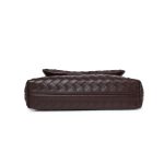 A black woven vegan leather shoulder bag with a large fold-over flap and thin tubular straps on a white background. Additional product view 7.