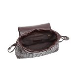 A black woven vegan leather shoulder bag with a large fold-over flap and thin tubular straps on a white background. Additional product view 8.