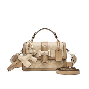Beige Monogram Top-Handle Crossbody Bag – Vegan Leather Canvas Satchel