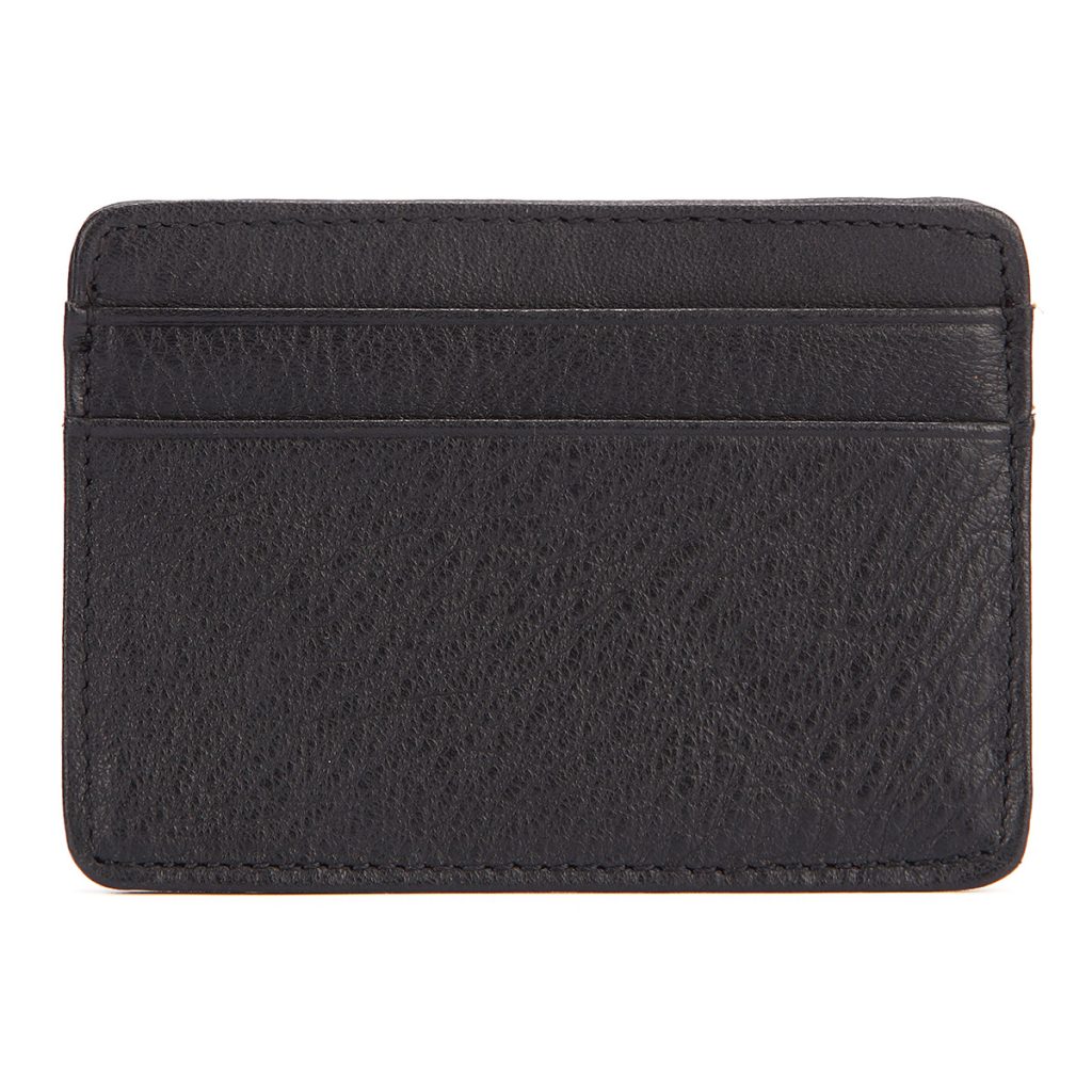 A slim black pebbled leather card holder with two front card slots and tonal stitching, shown on a white background.