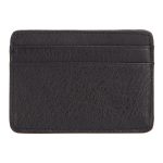 A slim black pebbled leather card holder with two front card slots and tonal stitching, shown on a white background.