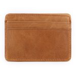 A slim black pebbled leather card holder with two front card slots and tonal stitching, shown on a white background. Additional product view 3.