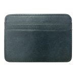 A slim black pebbled leather card holder with two front card slots and tonal stitching, shown on a white background. Additional product view 4.