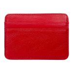 A slim black pebbled leather card holder with two front card slots and tonal stitching, shown on a white background. Additional product view 5.