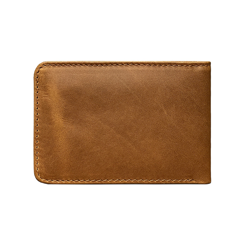 A tan genuine leather bifold wallet with rounded corners and contrast stitching, closed on a white background.