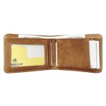 A tan genuine leather bifold wallet with rounded corners and contrast stitching, closed on a white background. Additional product view 2.