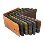 A tan genuine leather bifold wallet with rounded corners and contrast stitching, closed on a white background. Additional product view 3.