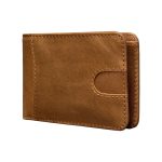 A tan genuine leather bifold wallet with rounded corners and contrast stitching, closed on a white background. Additional product view 4.