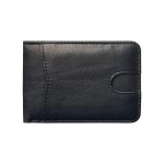 A tan genuine leather bifold wallet with rounded corners and contrast stitching, closed on a white background. Additional product view 5.