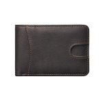 A tan genuine leather bifold wallet with rounded corners and contrast stitching, closed on a white background. Additional product view 6.