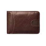 A tan genuine leather bifold wallet with rounded corners and contrast stitching, closed on a white background. Additional product view 7.