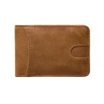 A tan genuine leather bifold wallet with rounded corners and contrast stitching, closed on a white background. Additional product view 9.