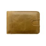A tan genuine leather bifold wallet with rounded corners and contrast stitching, closed on a white background. Additional product view 10.