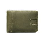 A tan genuine leather bifold wallet with rounded corners and contrast stitching, closed on a white background. Additional product view 11.