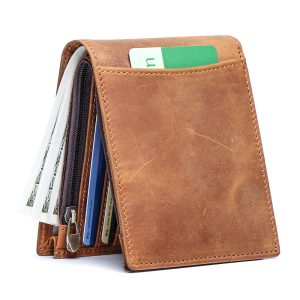 Vintage Brown Genuine Leather Bifold Wallet – Zip Coin Pocket Card Holder
