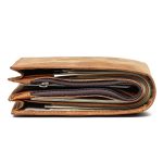 A vintage brown distressed leather bifold wallet standing upright with an outer card slot, zip coin pocket, and cash compartment. Additional product view 3.