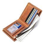 A vintage brown distressed leather bifold wallet standing upright with an outer card slot, zip coin pocket, and cash compartment. Additional product view 5.