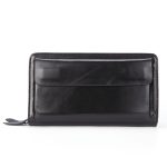 A black top-grain leather long wallet with a front flap, zip-around closure, and leather zipper pull on a white background.