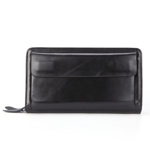 Black Top-Grain Leather Long Wallet – Zip-Around Clutch Organizer