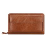 A black top-grain leather long wallet with a front flap, zip-around closure, and leather zipper pull on a white background. Additional product view 2.