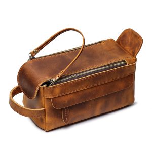 Vintage Brown Top-Grain Leather Toiletry Bag – Travel Dopp Kit with Handle